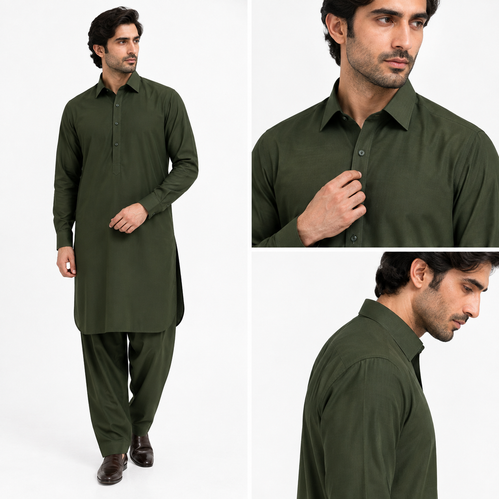 NABAT Olive Green Wash & Wear Unstitched Suit