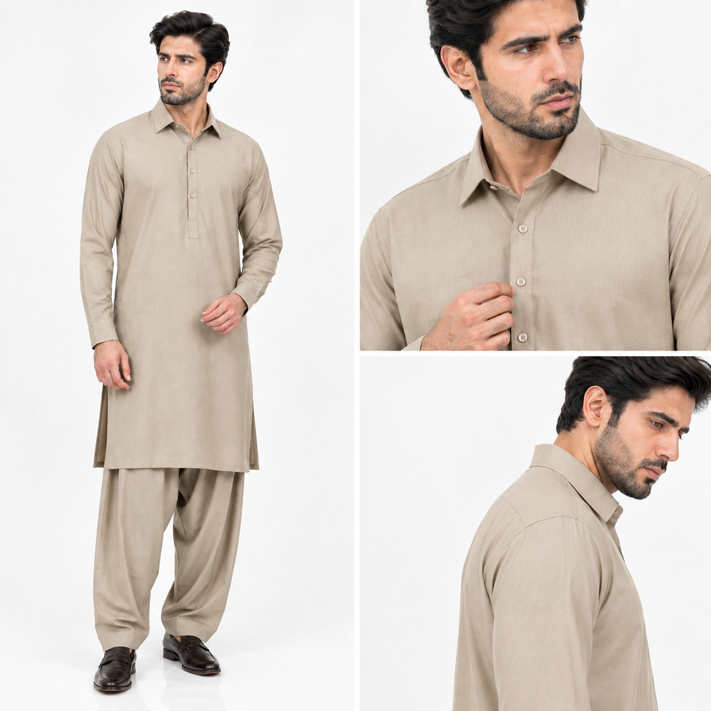 NABAT Beige Wash & Wear Unstitched Suit